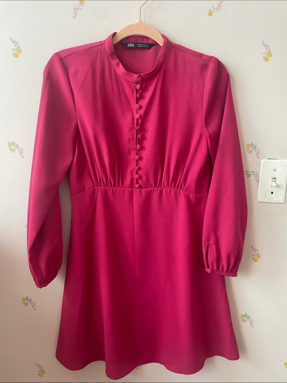 ZARA Fuchsia Button-Front Long Sleeve Mini Dress